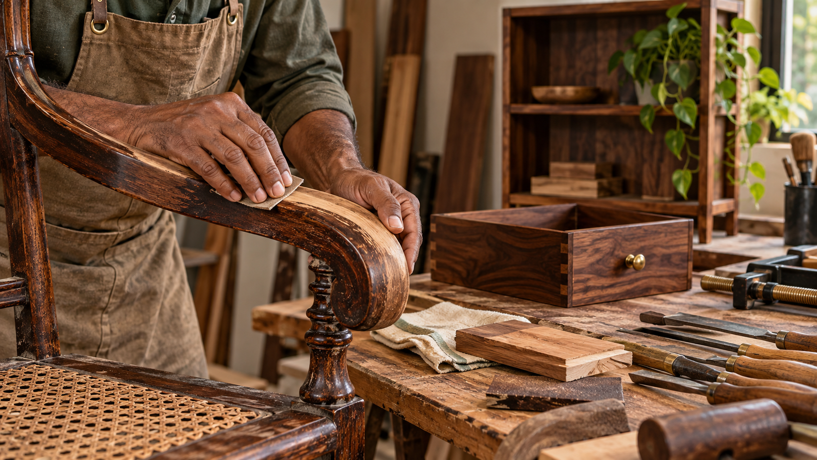 Careful restoration of a wooden chair